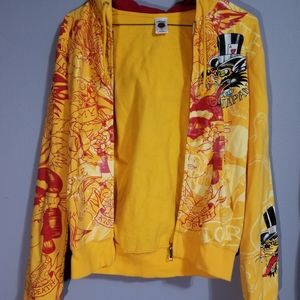 Don Ed Hardy by Christian Audigier Yellow Death or Glory Skull Drawstring Zip-Up